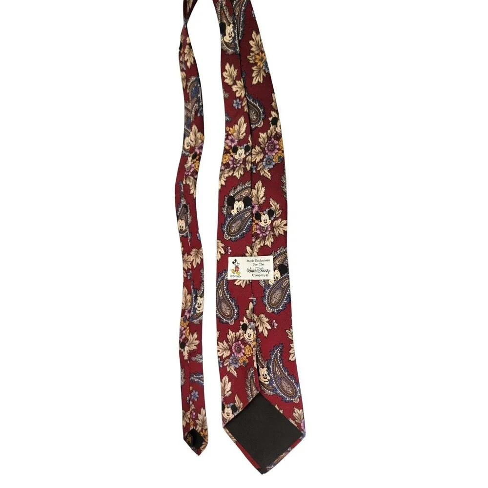 Vintage Walt Disney Silk Tie MICKEY Mouse Red Paisley Floral & Leaves 59